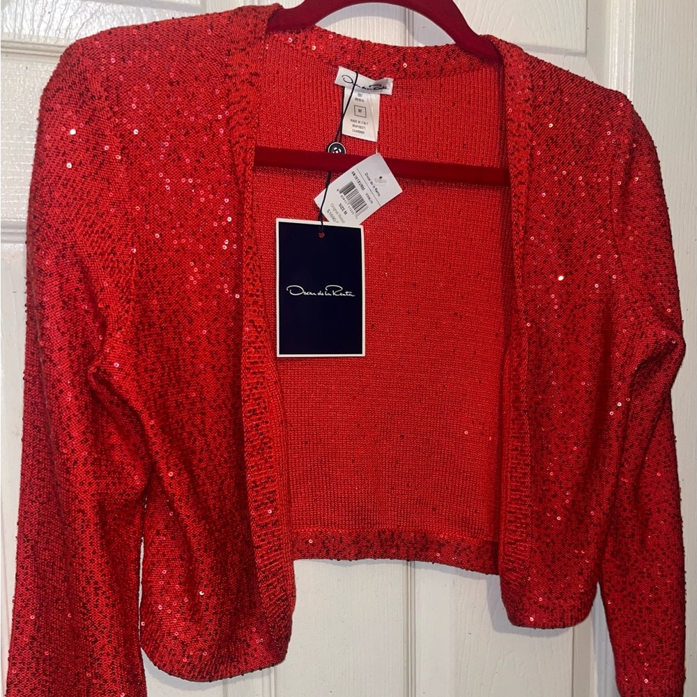 Oscar de la Renta | Red Metallic Sequined
3/4 Sleeve Bolero. Size Medium. NWT